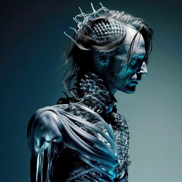 Midjourney prompt showcasing high-concept fashion with glitching hologram, inspired by Thom Yorke and HR Giger.
