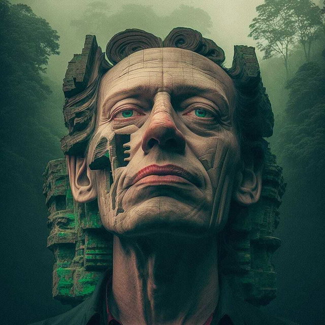 Concept art of gigantic ancient stone head statue in foggy forest, showcasing Midjourney prompt engineering techniques.