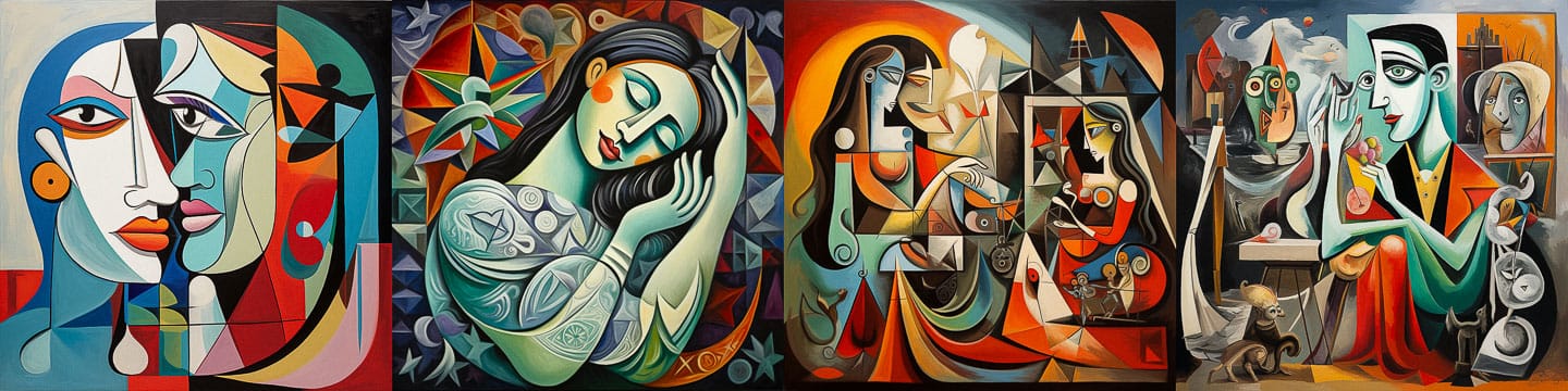 Cubist figures and abstract scenes in vivid geometric forms, in the style of Pablo Picasso, Midjourney V5.2
