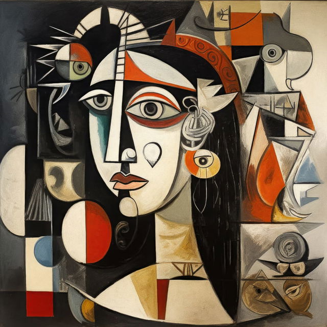 Cubist portrait of a woman with overlapping faces, in the style of Picasso's early paintings, Midjourney V5.2