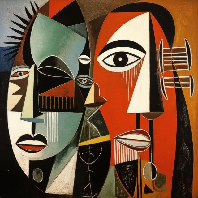 Cubist faces in the style of Picasso's African Period, angular forms and bold earthy colors, Midjourney V5.2