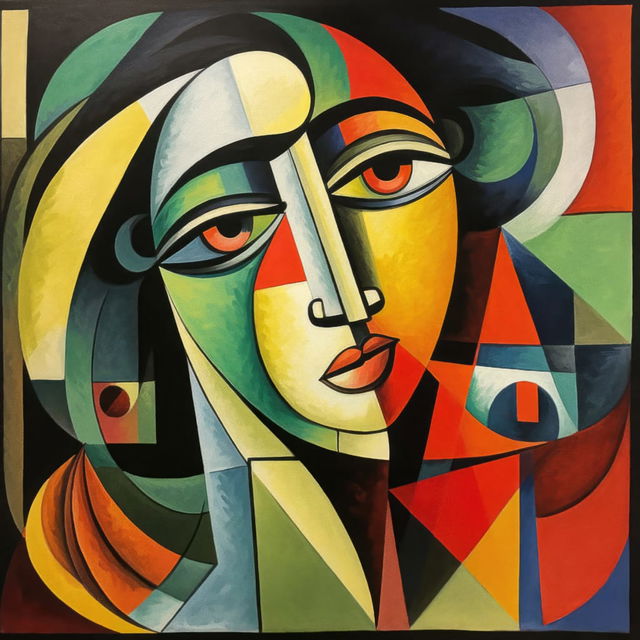 Cubist portrait of a woman in the style of Picasso, with bold geometric forms and vivid colors, Midjourney V5.2