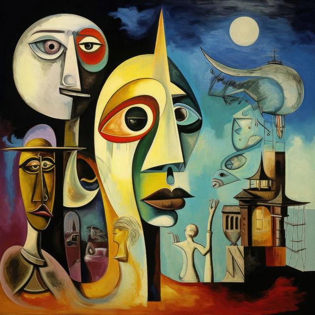 Surrealist portraits and floating figures in the style of Picasso, geometric forms and vivid colors, Midjourney V5.2