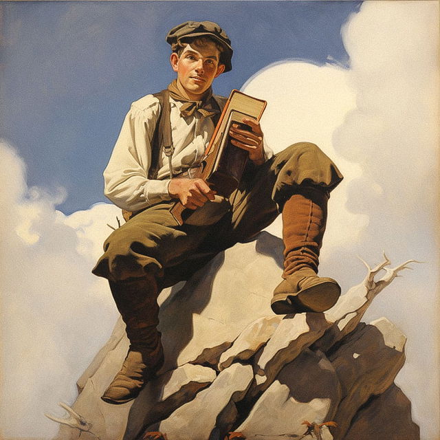 Adventure book character holding a book on a rocky peak, in the style of N. C. Wyeth, Midjourney V5.2