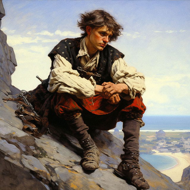 Adventure book character on a rocky cliff in the style of Howard Pyle, warm painterly light, Midjourney V5.2