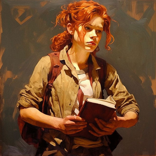 Red-haired adventure book character holding a book, in the style of Joseph Lorusso, Midjourney V5.2