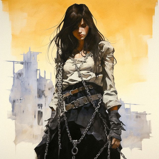 Chained adventure heroine in warm, painterly fantasy style, in the style of Jeffrey Catherine Jones, Midjourney V5.2