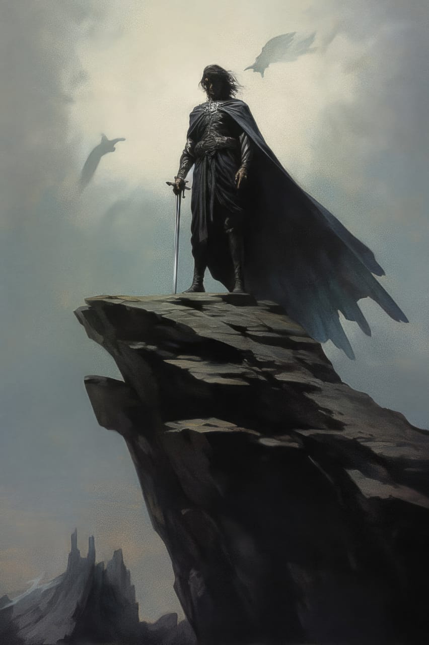Hero on a clifftop with lowered sword, in Jeffrey Jones's muted dramatic fantasy style, Midjourney V5.2