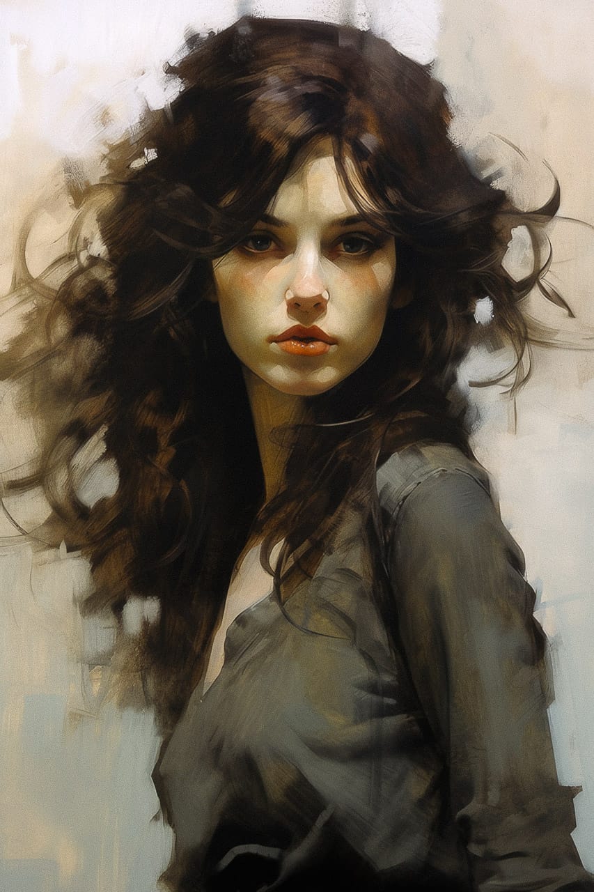 Girl with dark brown hair in the style of Jeffrey Catherine Jones, softly lit in muted earthy tones, Midjourney V5.2