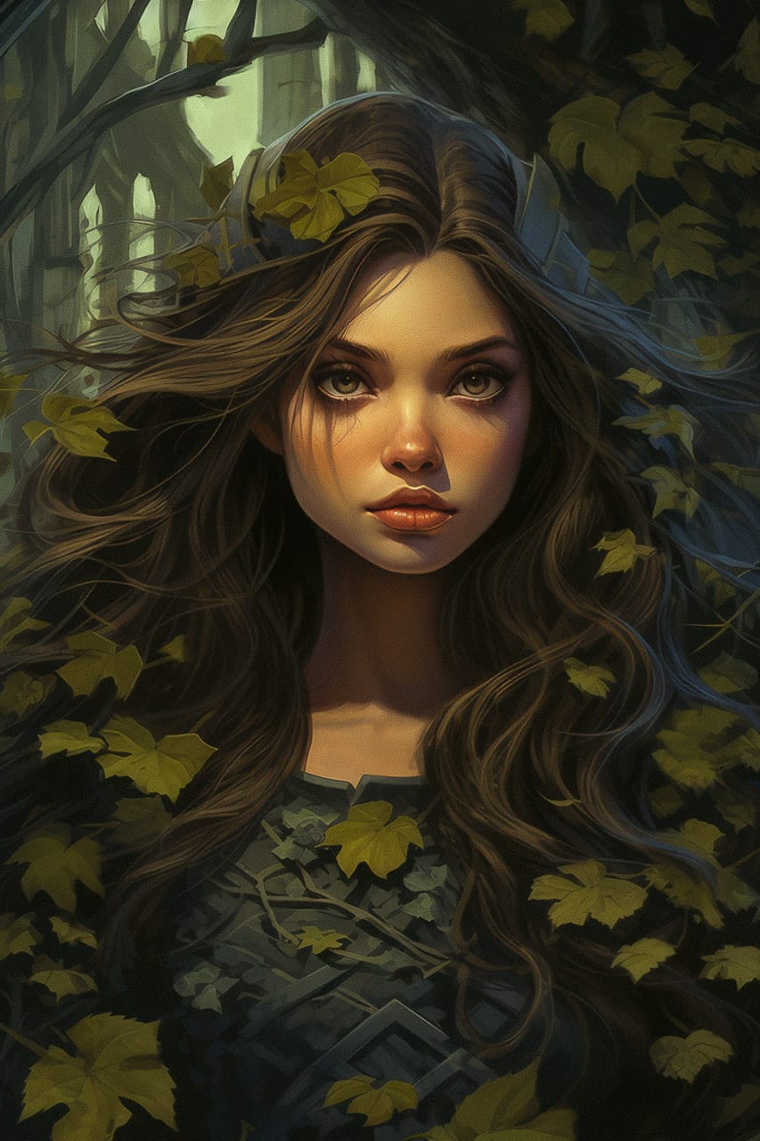 Dark-haired girl amid forest leaves, in fantasy art style with muted green tones and soft light, Midjourney V5.2