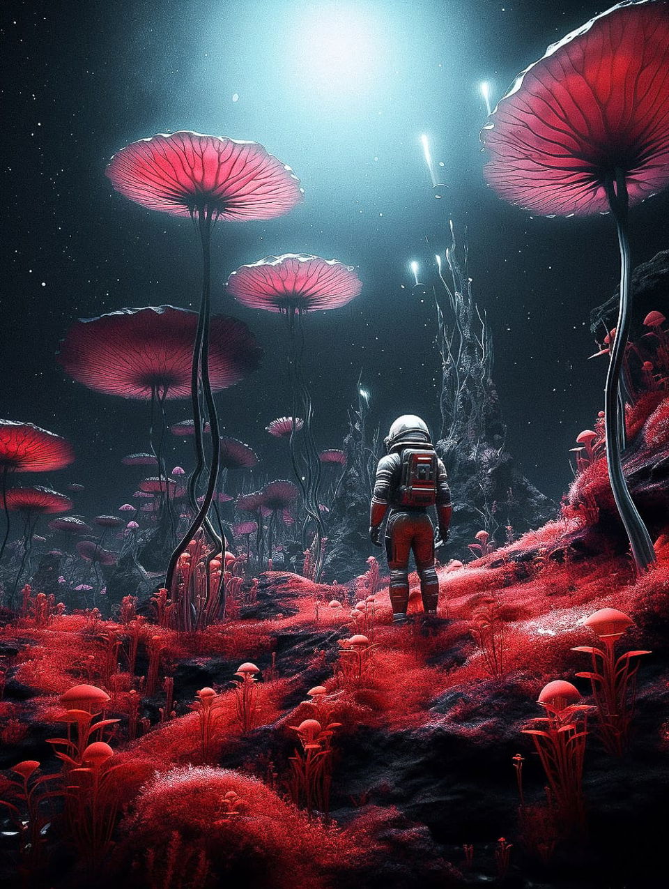 Astronaut on an alien planet amid red bioluminescent flora, cinematic digital art with cool light, Midjourney V5.2