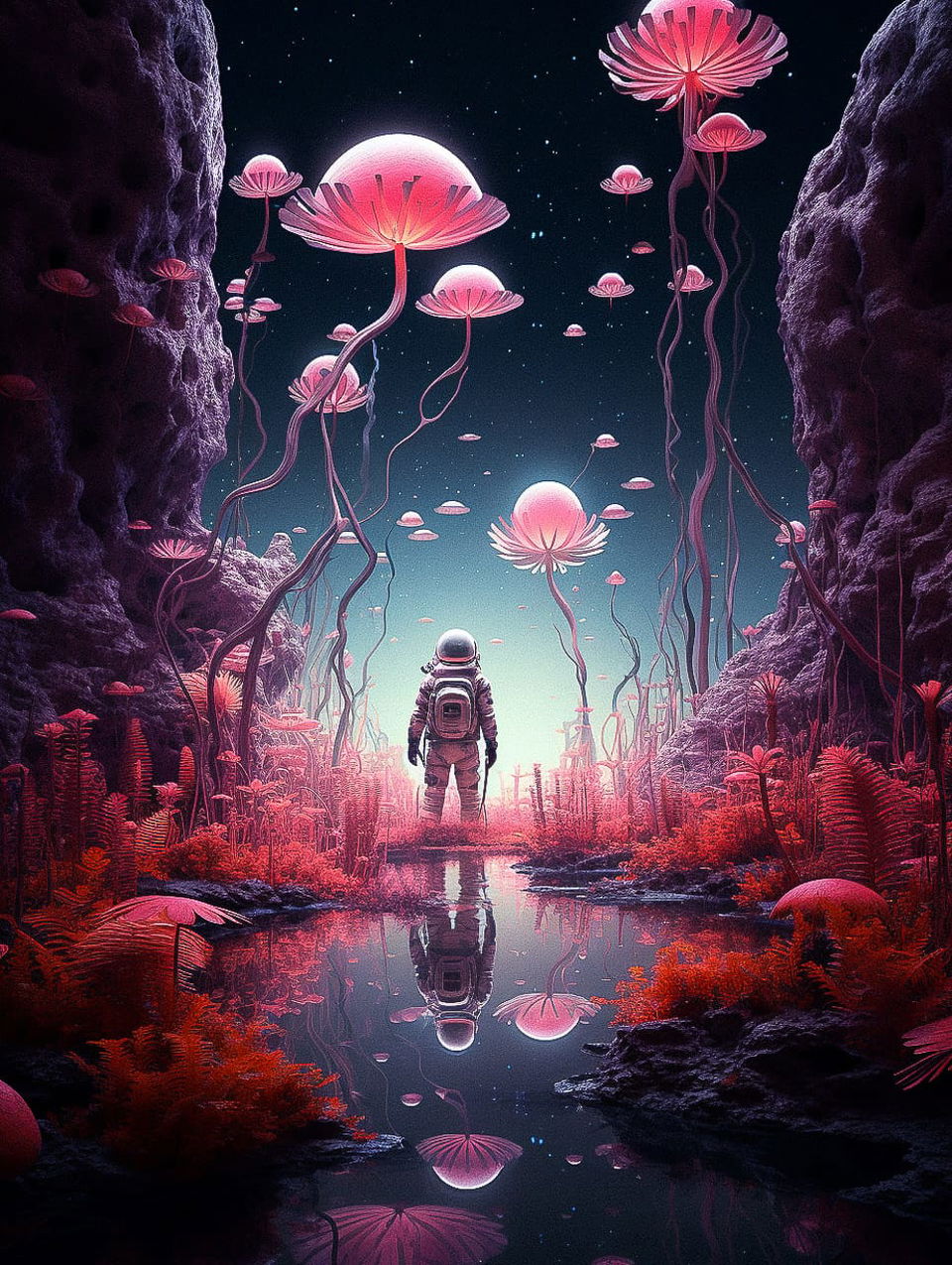 Lone astronaut in an alien garden with surreal high-realism pink bioluminescent flora and cool light, Midjourney V5.2