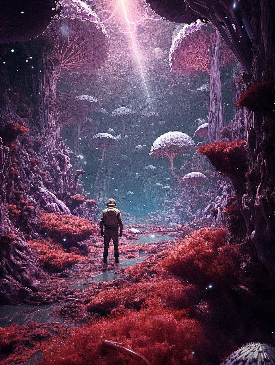 Astronaut in a mushroom-filled alien forest, surreal 3D landscape in red and cyan light, Midjourney V5.2