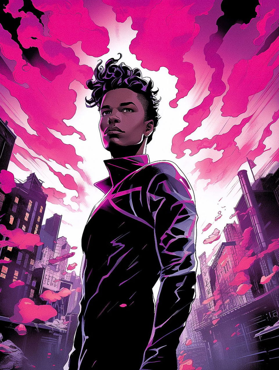 Dark superhero portrait in a colorful comic-book style with magenta cityscape and dramatic lighting, Midjourney V5.2