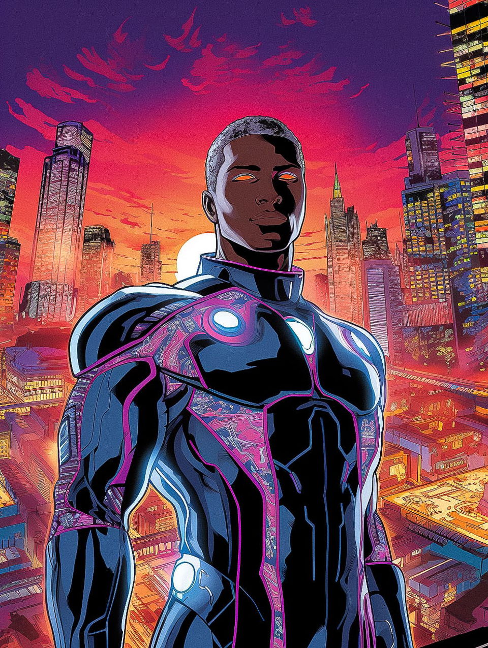 Futuristic armored hero before a neon city at dusk, rendered in vibrant comic-book colors, Midjourney V5.2