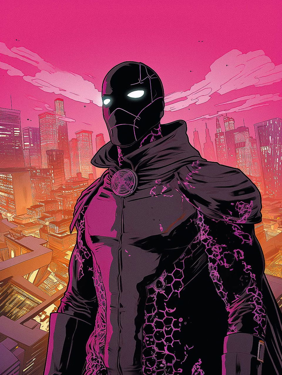 Black phantom in a futuristic outfit overlooking a city, vibrant pink and indigo comic-book art, Midjourney V5.2