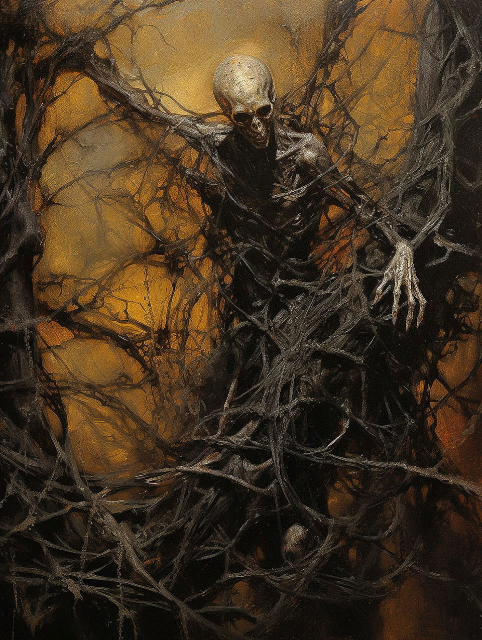 Skeletal figure entangled in jungle branches, rendered in dark amber and white pictorialist tones, Midjourney V5.2
