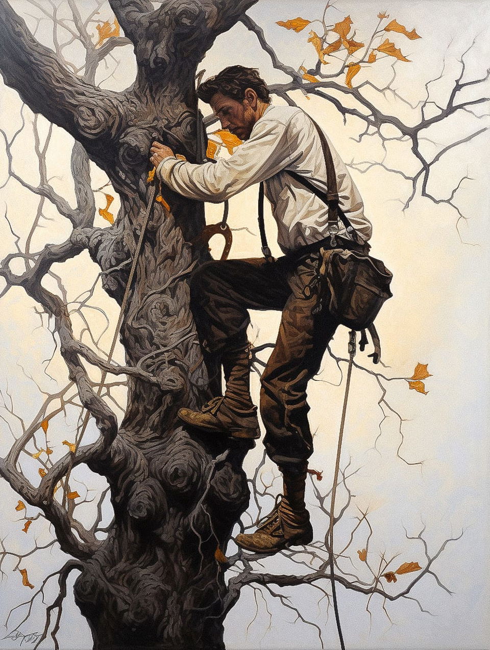Man climbing a gnarled tree, hard-edged naturalistic painting in dark white and light amber, Midjourney V5.2