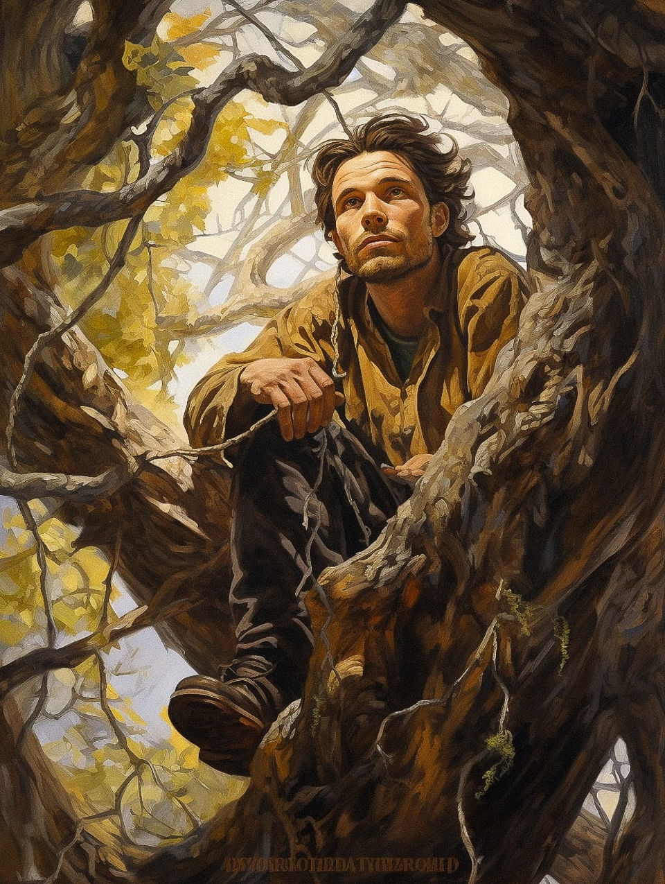 Person perched in a tree, mythological fantasy painting with implied movement and yellow-brown light, Midjourney V5.2