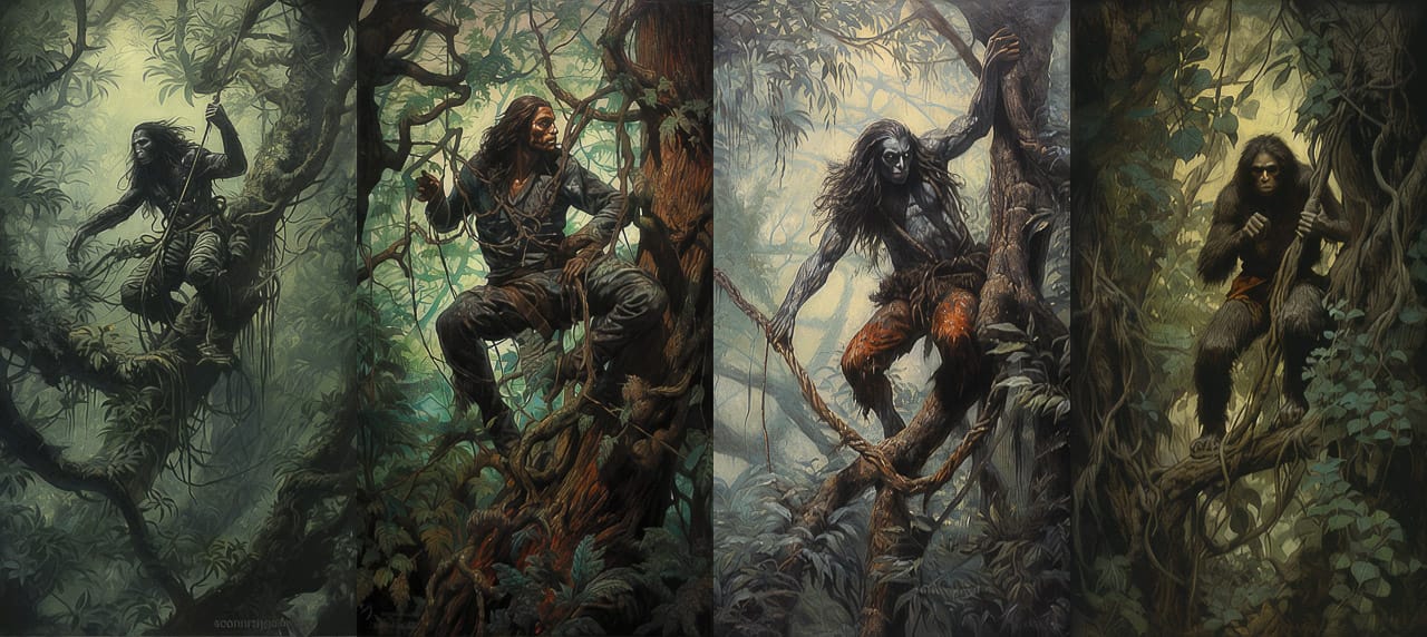 Man climbing a twisted tree in a dark jungle, rendered in amber and white pictorialist tones, Midjourney V5.2