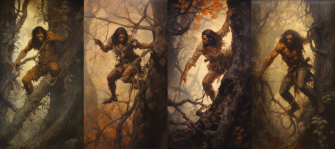 Man climbing down a forest tree, in Upper Paleolithic art style with amber light and pictorialism, Midjourney V5.2