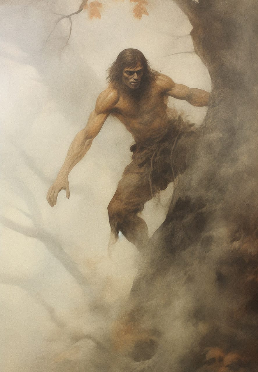 Tarzan climbing down a tree through mist, in varied oil brushwork and muted white-amber light, Midjourney V5.2