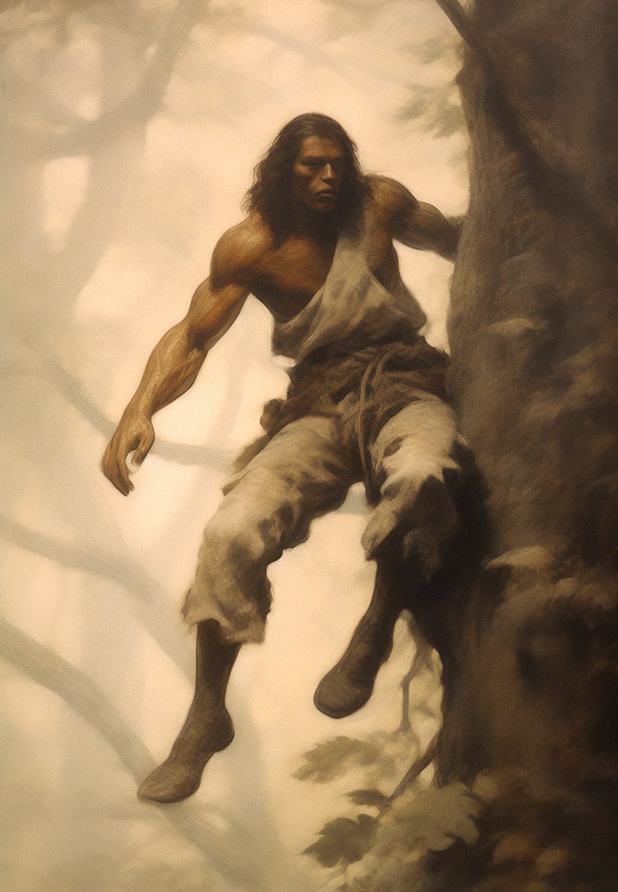 Tarzan climbing down a tree in oil on panel with varied brushwork and muted amber light, Midjourney V5.2