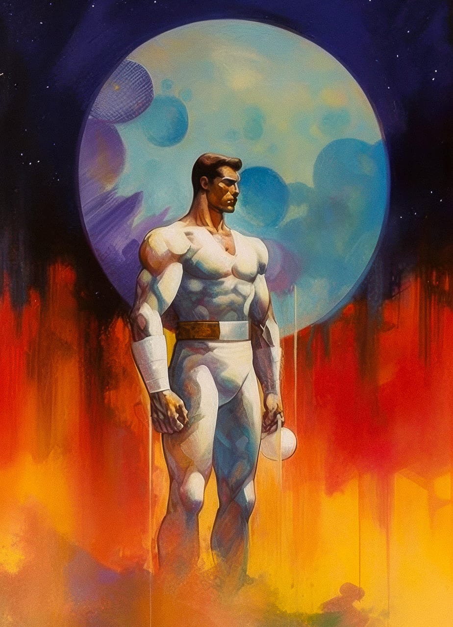 Man in a retro space suit gazing at a rising moon, oil on panel with colorful washes