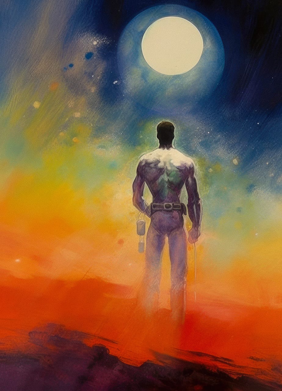 Buck Rogers in a retro space suit faces a rising moon, in colorful misty oil washes