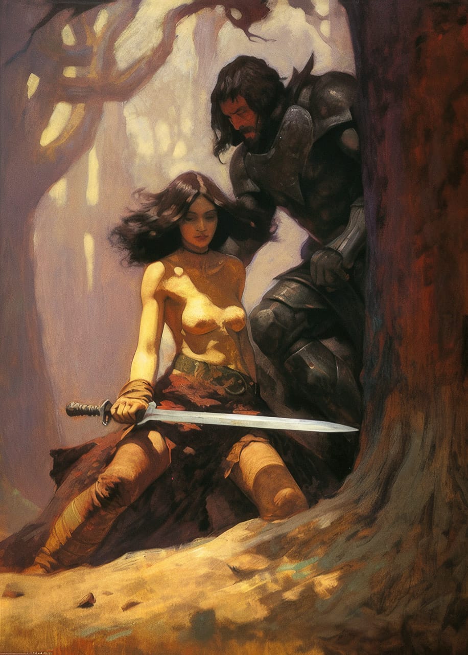 Crouching armored man guards a sword-wielding woman, oil on panel with amber chiaroscuro