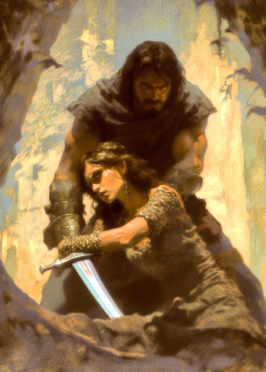 A crouching swordsman shields a woman by a tree, in dark chiaroscuro oil with brown and bronze tones