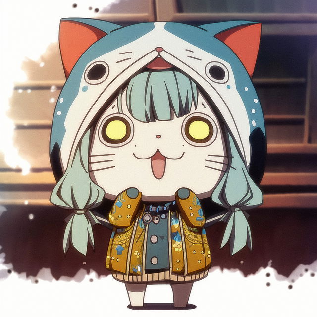 Cute cat-eared chibi anime character with mint hair and glowing yellow eyes, softly lit