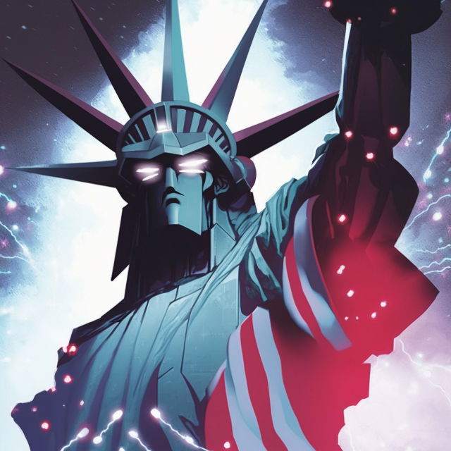Statue of Liberty in the style of Gurren Lagann, dramatic anime art in blue and red neon light