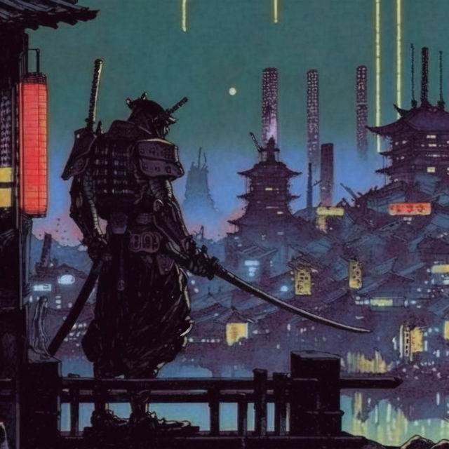 Contemplative cyberpunk samurai overlooking a neon city, in the style of Katsuhiro Otomo