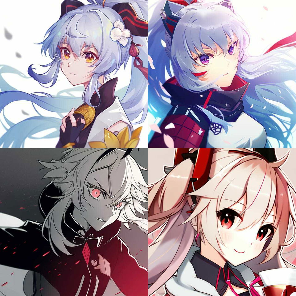 Four anime-style female characters with colorful hair, dramatic lighting, and vivid pastel palettes