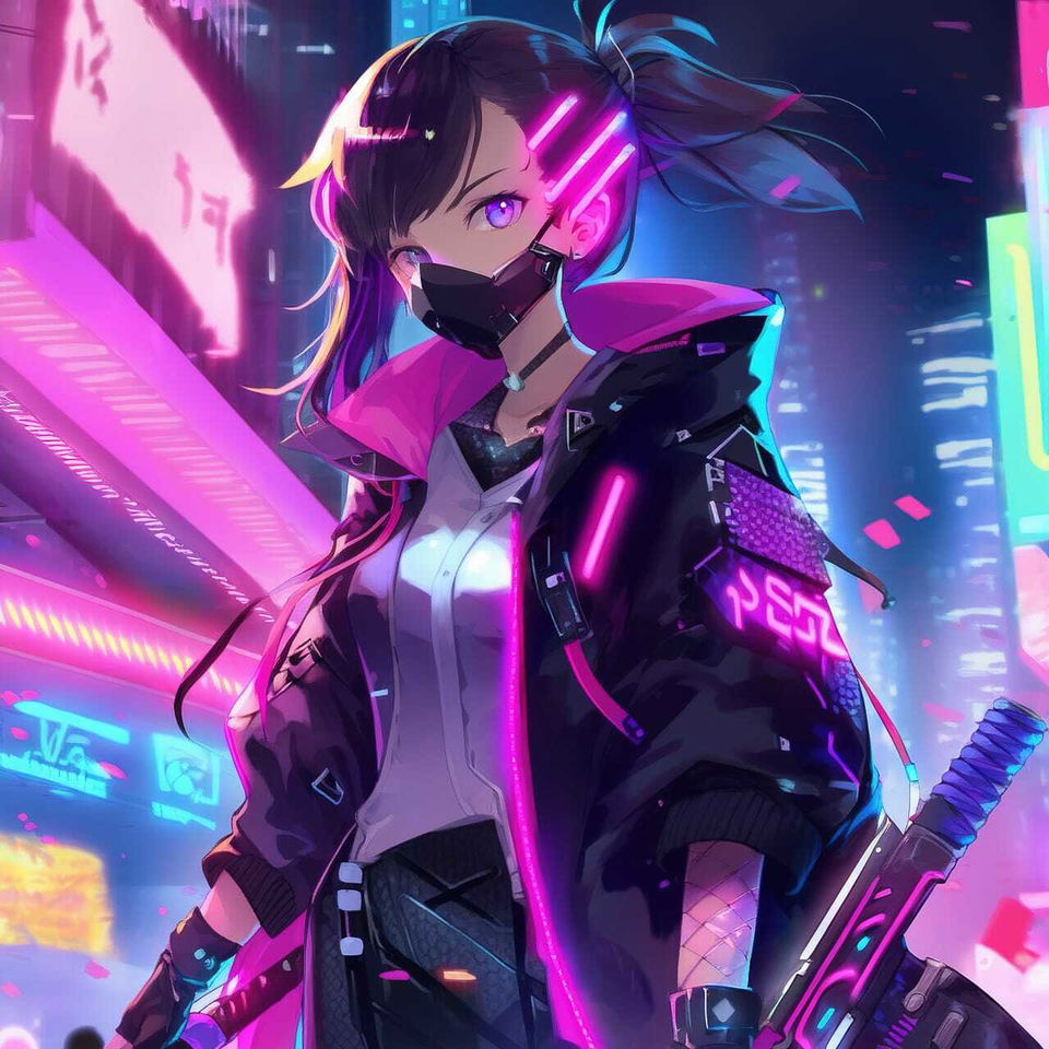 Cyberpunk anime woman with a mask and sword, neon magenta-blue lighting and city backdrop