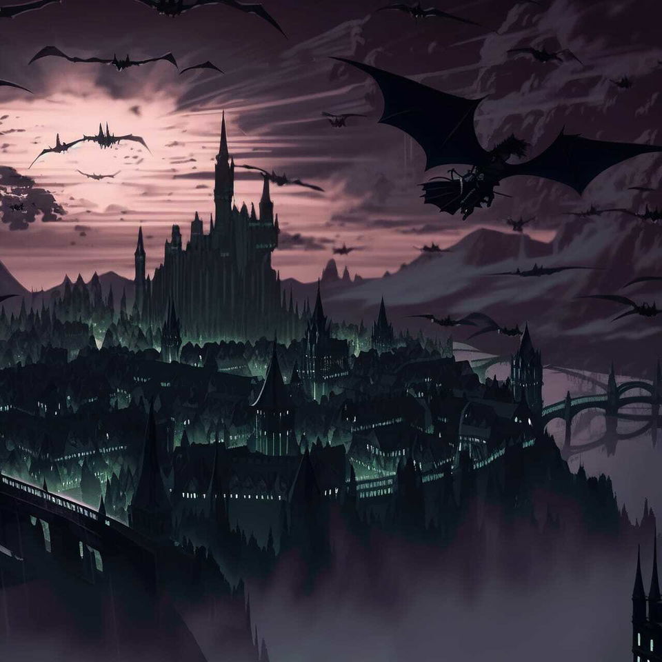 Nazgul flying over a sleeping town in dark anime art with a dusky purple palette