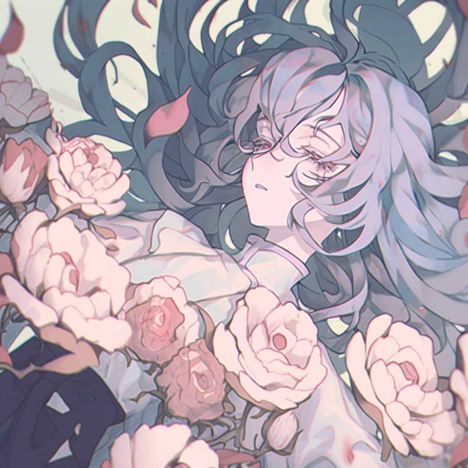 Anime girl surrounded by decaying peonies, rendered in soft pastel tones and gentle light