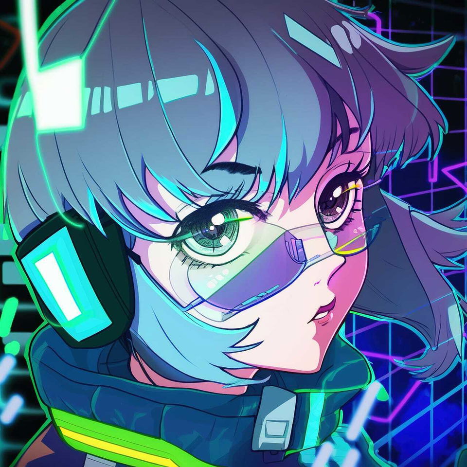 Tech genius teenage girl in neon cyberpunk anime style with electric blue and pink lighting