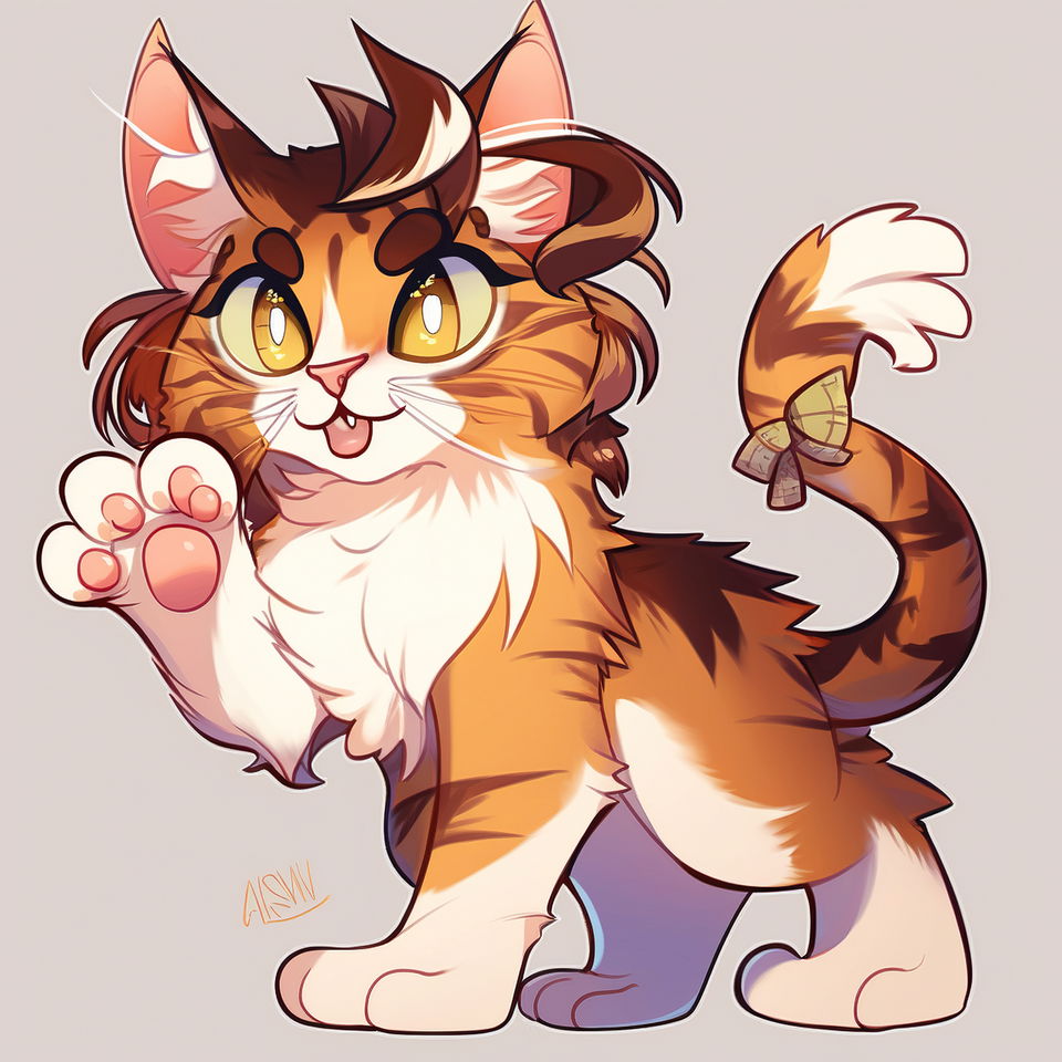 Cute Maine Coon cat with one paw raised, in a colorful anime illustration with warm light