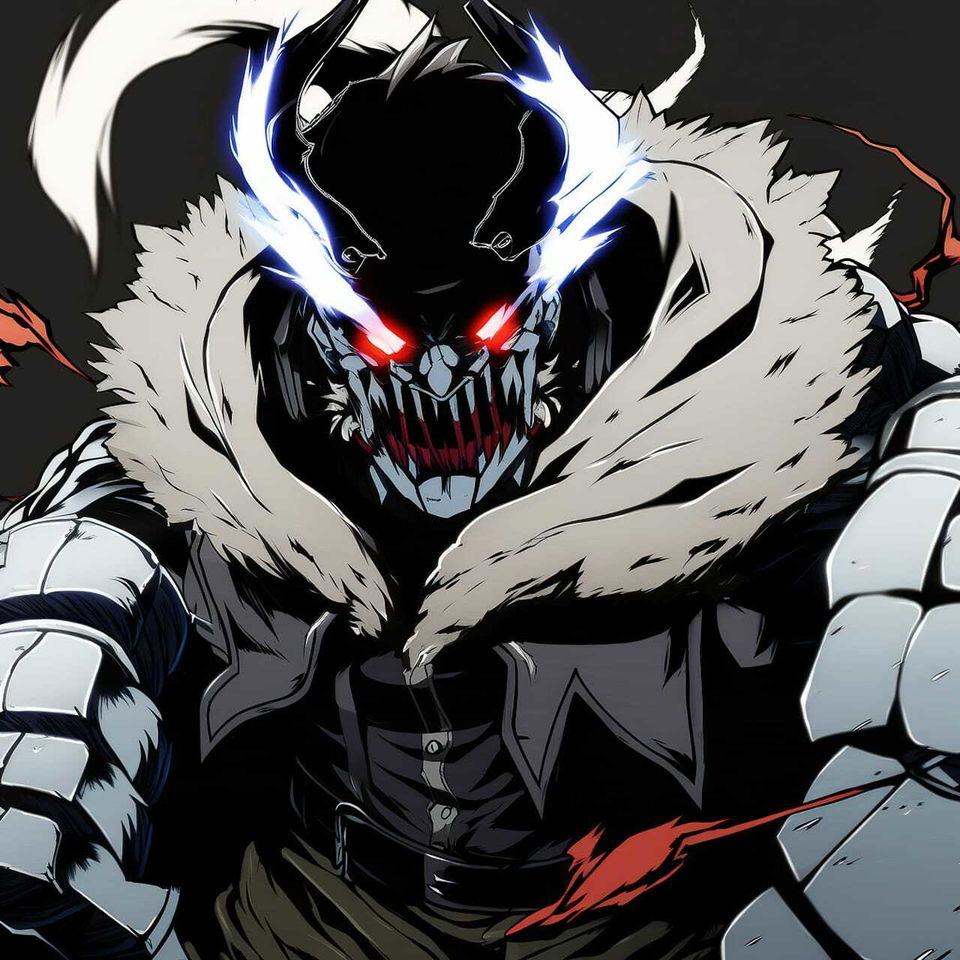 Chernobog, a menacing armored demon with glowing red eyes and blue-white energy, in anime style