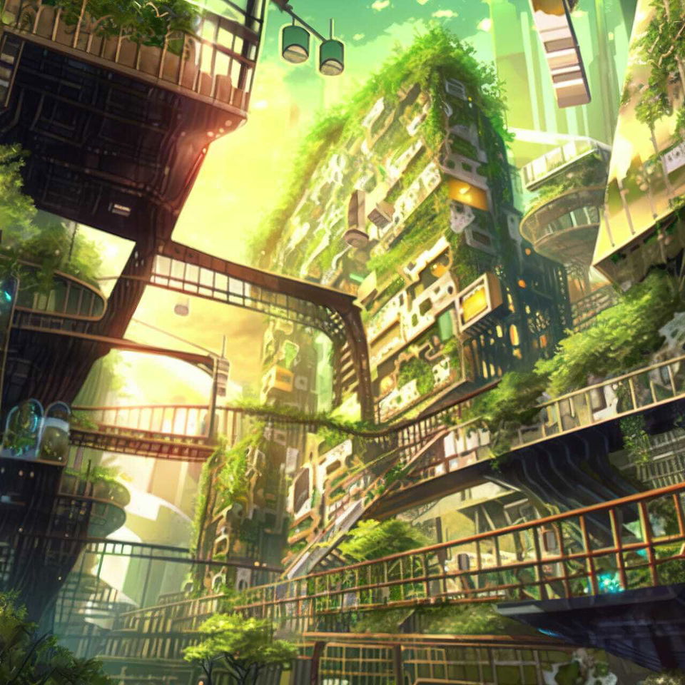 Futuristic vertical city covered in greenery, anime-style with bright yellow-green light