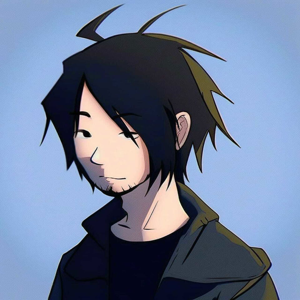 Thom Yorke in anime style, with dark spiky hair, clean linework, and a cool blue palette