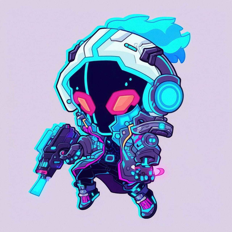 Chibi cyberpunk character with helmet and gun, neon anime illustration in cyan, purple, and pink