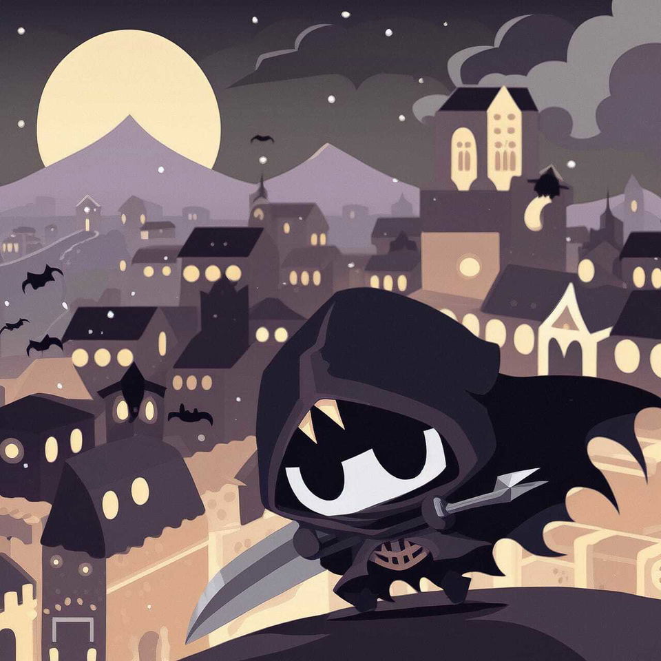 Chibi Nazgul overlooking a sleeping town in stylized anime art with muted purple tones and moonlight
