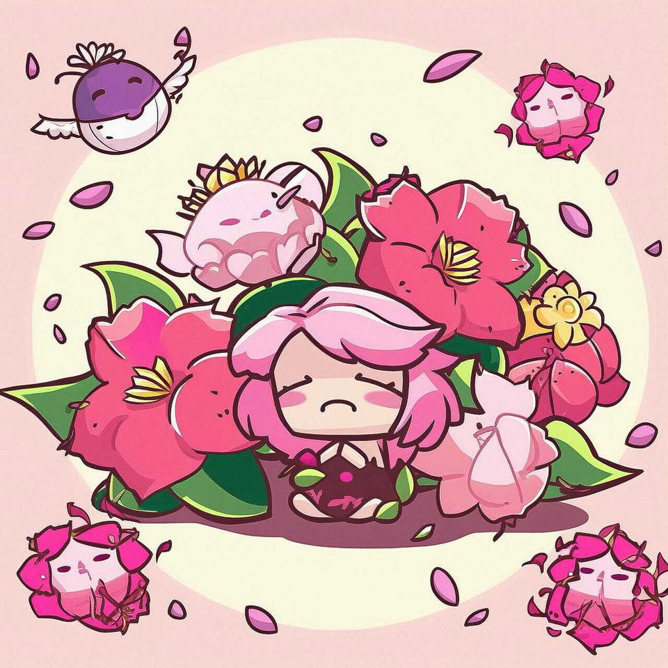 Chibi pink-haired girl among decaying peonies, outlined anime art in a bright pink palette