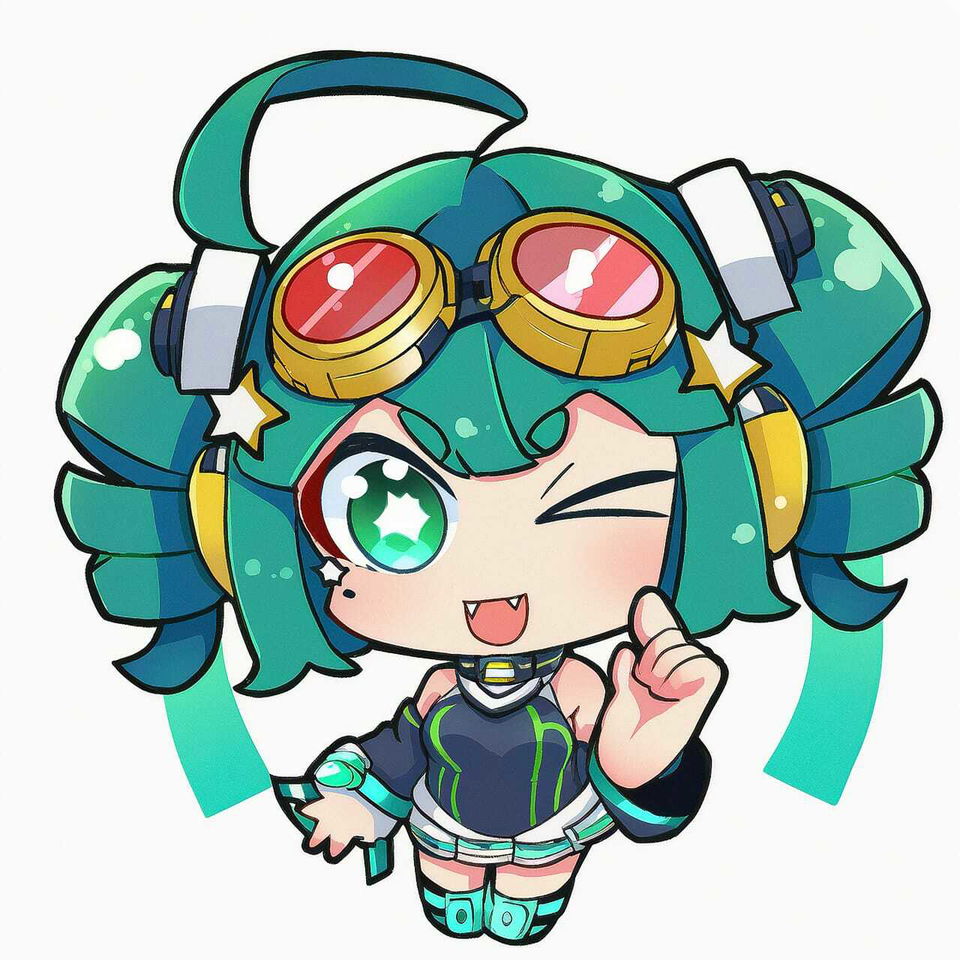Tech genius teenage girl in chibi anime style, colorful cel-shaded palette and bright light