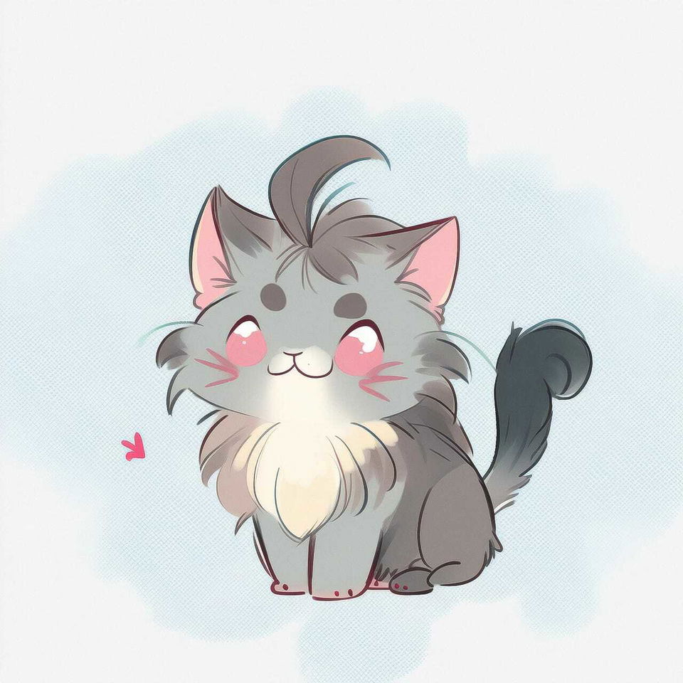 Cute fluffy Maine Coon cat in chibi anime style, soft gray palette and pastel lighting