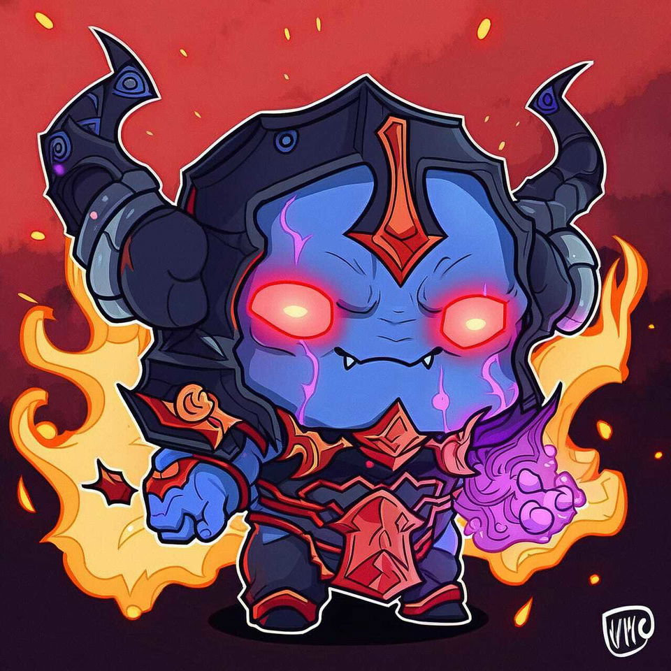 Chernobog, a chibi blue demon with horns and glowing eyes, in bold anime colors and fiery light