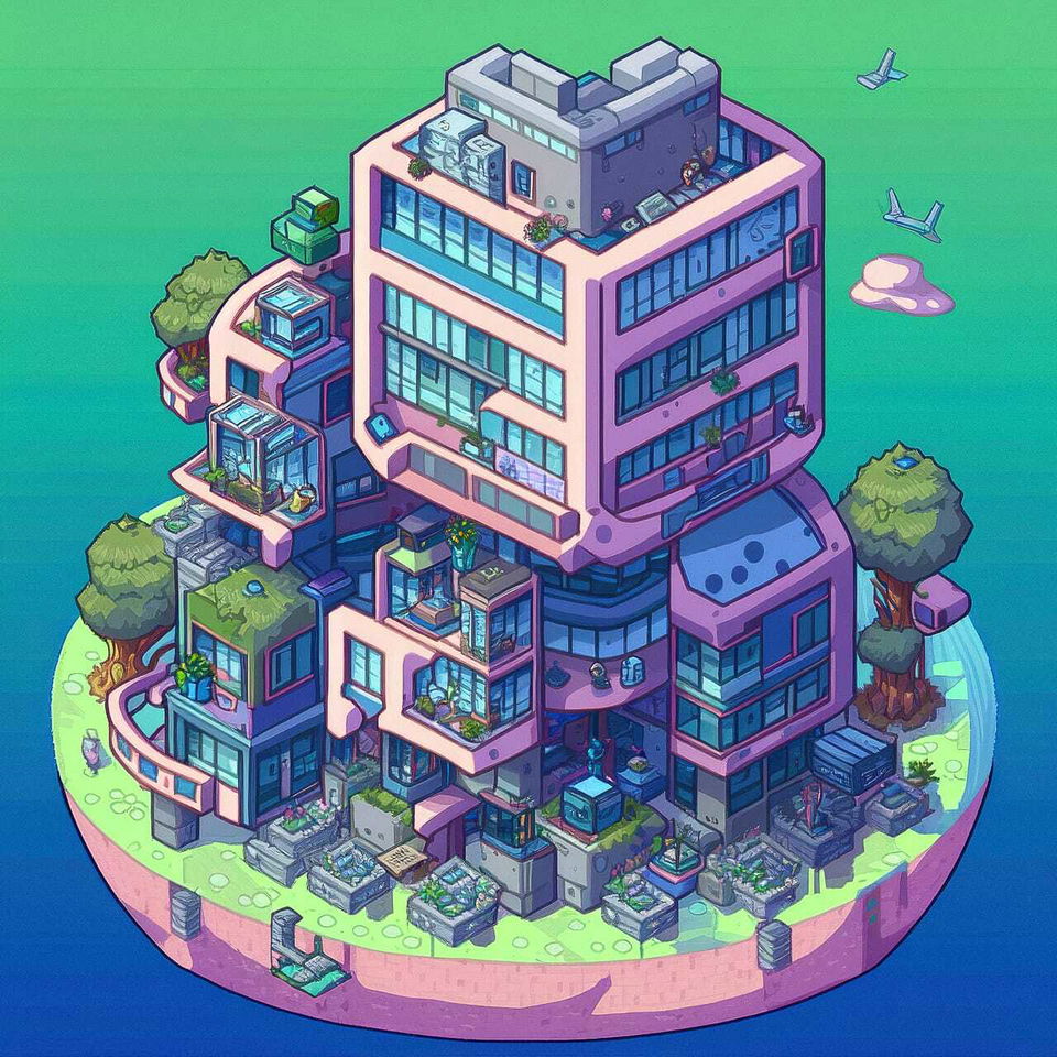 Bioarchitectural city building with rooftop gardens, in colorful chibi anime style with bright light